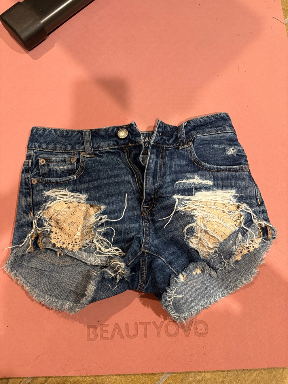 American Eagle Outfitters Festival Dark Blue Denim Shorts with Beige Lace